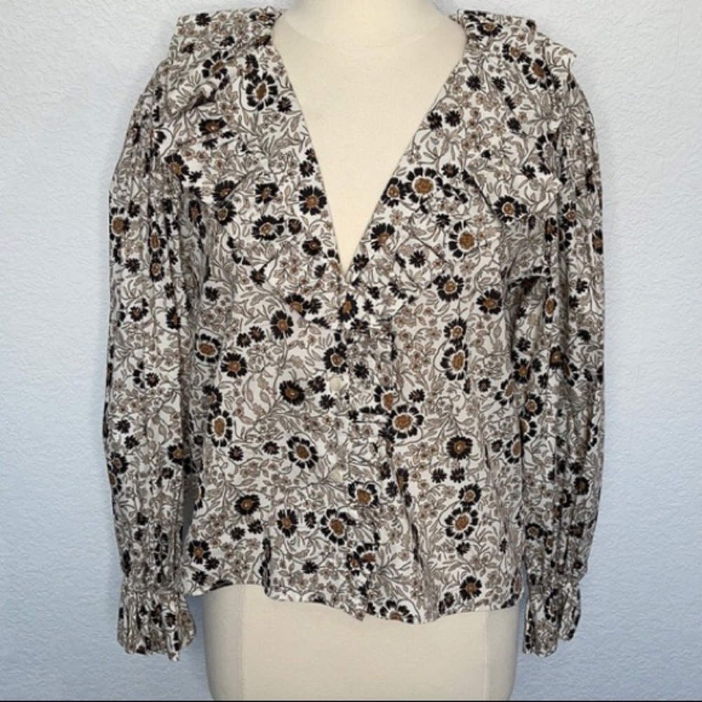 ZARA Multicolor Floral Frilled Printed Top V-neck Long Sleeve S